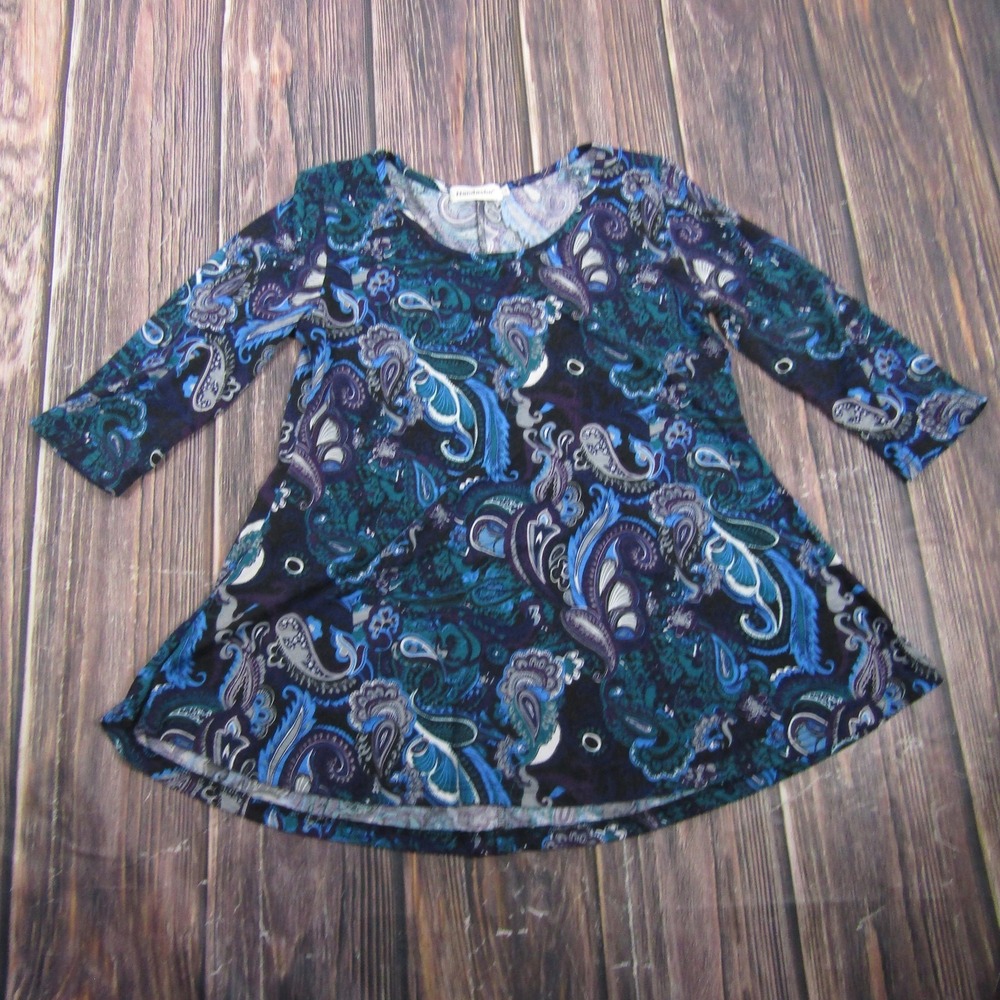 Nandashe Womens Large Blue Paisley 3/4 Sleeve Tunic Top Blouse Granny Core